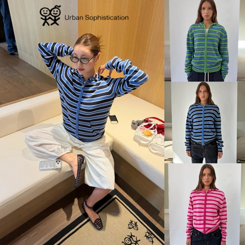 Authentic Urban Sophistication Striped Hooded Sweatshirt Cardigan Jacket, Same Style as Zhan Zhan