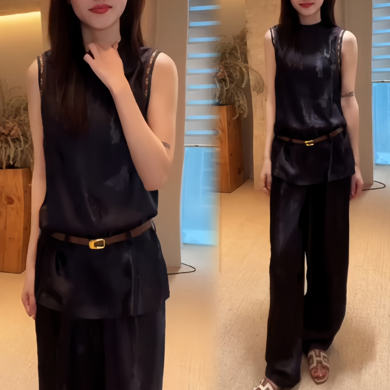 Korean Style Outfit Set for Women 2026 Summer New Black Satin Sleeveless Top and Wide-Leg Pants Two-Piece Set