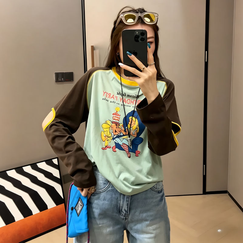 欧货时尚镂空撞色插肩长袖T恤女2026夏季新款独特漂亮减龄款上衣