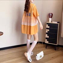 Pregnant womens clothing tops wear lace fake two loose short-sleeved T-shirts womens mid-length postpartum pregnant womens clothes summer clothes