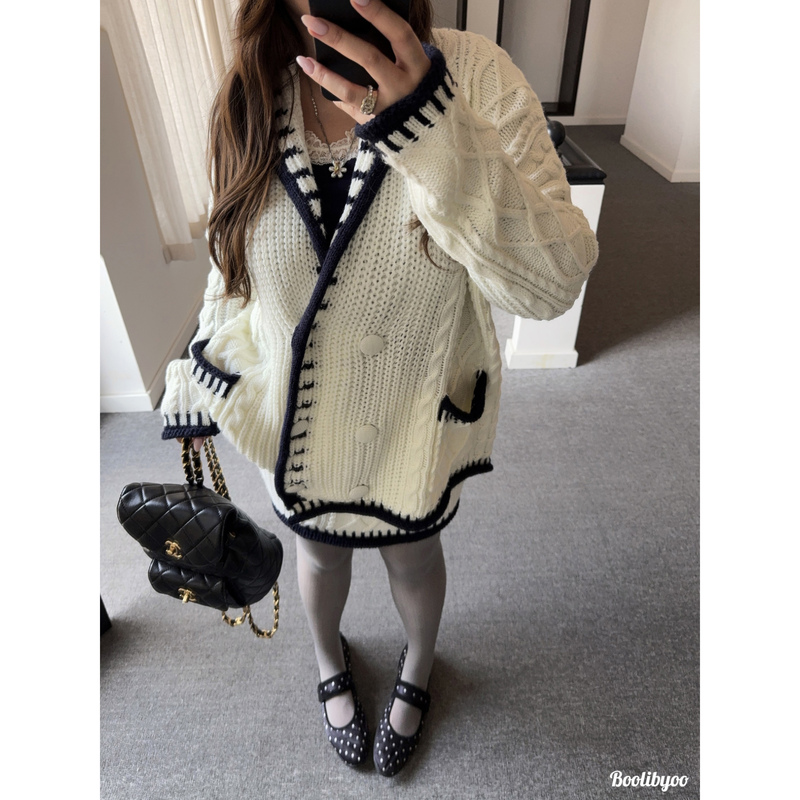 Boolibyoo Osaka Diary Plus Size Winter New V-Neck Color-Block Rolled Hem Knit Cardigan and Skirt Set