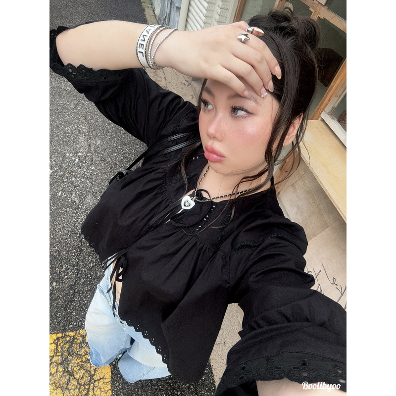 Boolibyoo Like Jennie Plus-Size Heavy-Duty Hollow Lace Patchwork Pleated Puff Sleeve Shirt Top