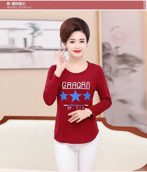 Phụ nữ trung niên mùa thu mới áo thun cotton dài tay cổ tròn in mẹ phiên bản Hàn Quốc tự may áo sơ mi chạm đáy mẫu áo kiểu trung niên