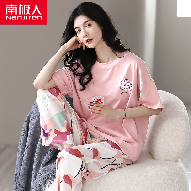 Modale Pajamas Woman Summer Short Sleeve Long Pants Stretch Silk Cute Sleeve Lady Casual Thin home Home Suits Suit