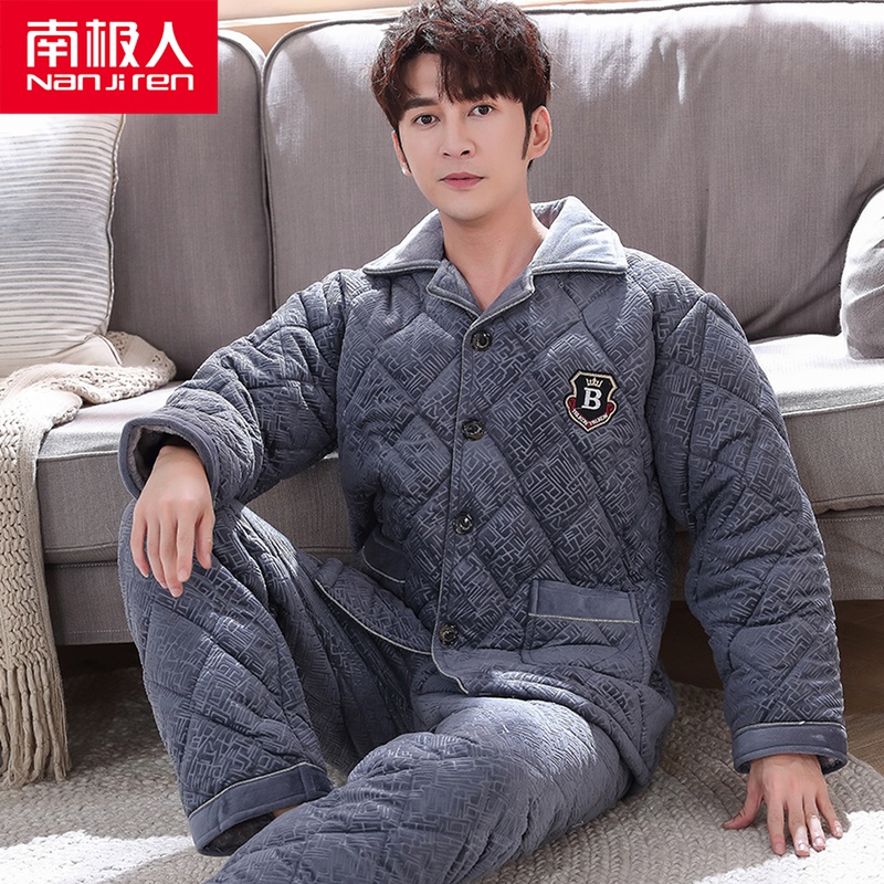 Men's Pajamas Winter Coral Suede Thickened Triple Clip Cotton Gushed Flannel Flannel Sumpsuit Warm And External Wear Suit