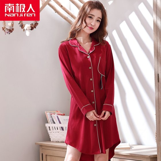 Nightgown for women spring and autumn pure cotton festive red long-sleeved home wear animal year plus size cotton lapel cardigan pajamas