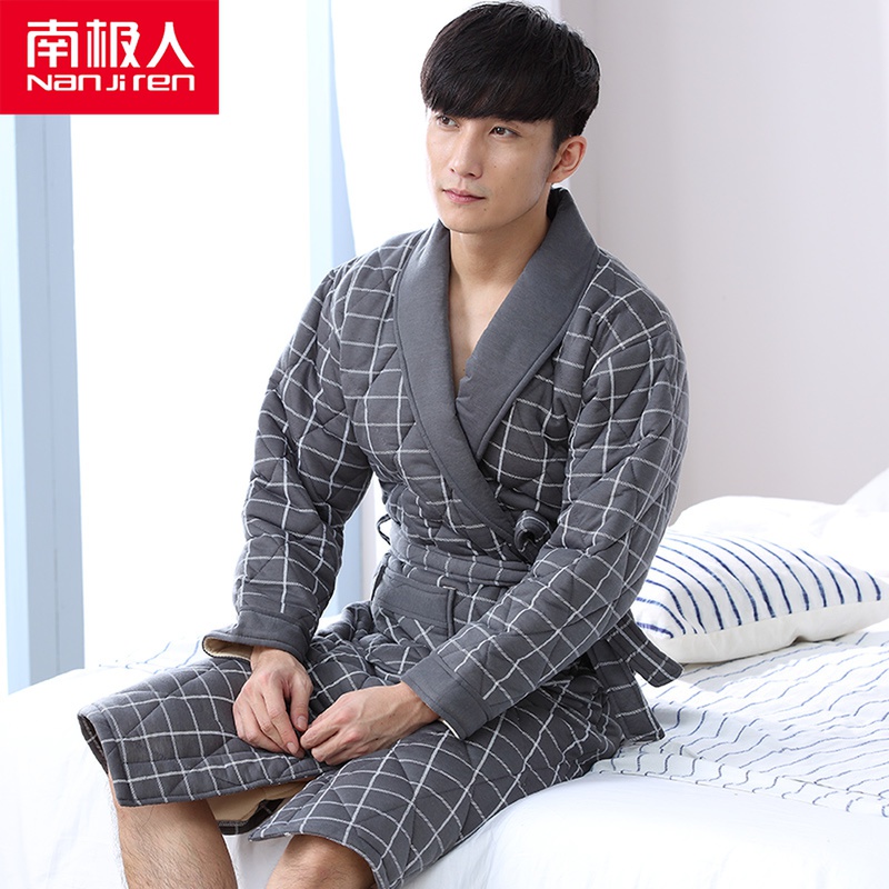 Men Sleeping Robes Autumn Winter Thickening Pure Cotton Gcotton Winter Pyjamas 3-layer clip cotton medium long version Bathrobe warm pyjamas