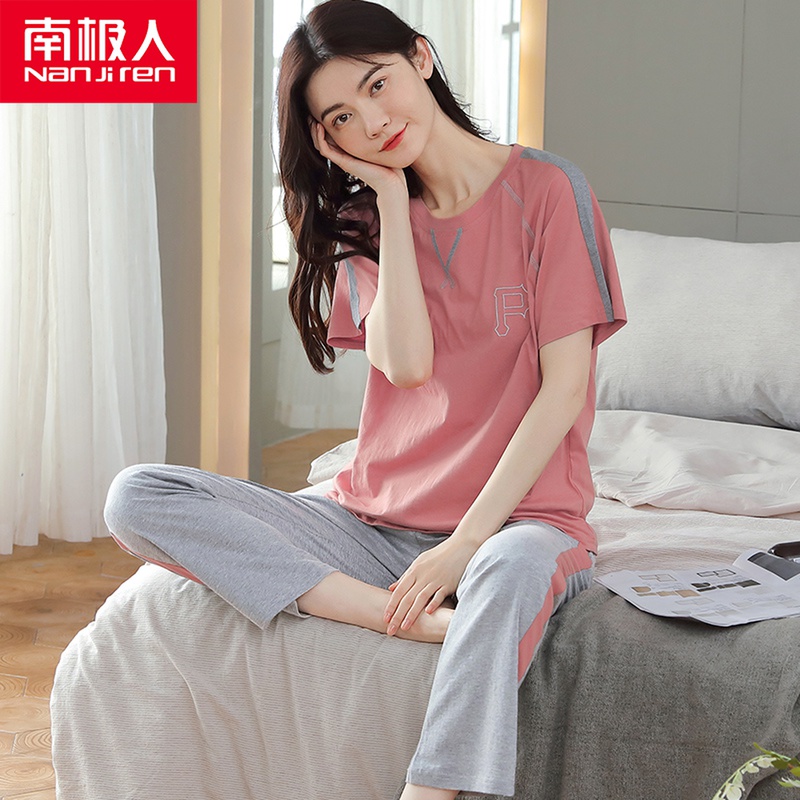 South Pole Pyjamas Sleeping Woman Summer Pure Cotton Slim short sleeves Long pants Two-piece style suit Spring and autumn Korean version can be worn outside the home clothes