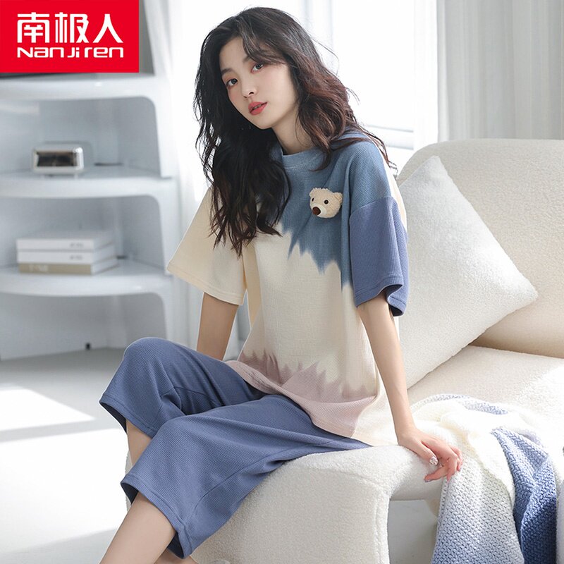 Sleepwear Women's Summer Pure Cotton Short Sleeves Seven Pants Cute Korean Version Full Cotton Spring Autumn Thin can be worn outside the home Suits Suit