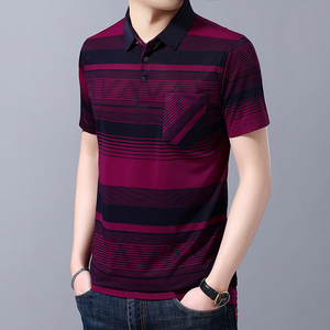 夏季男士冰丝短袖T恤翻领POLO衫条纹