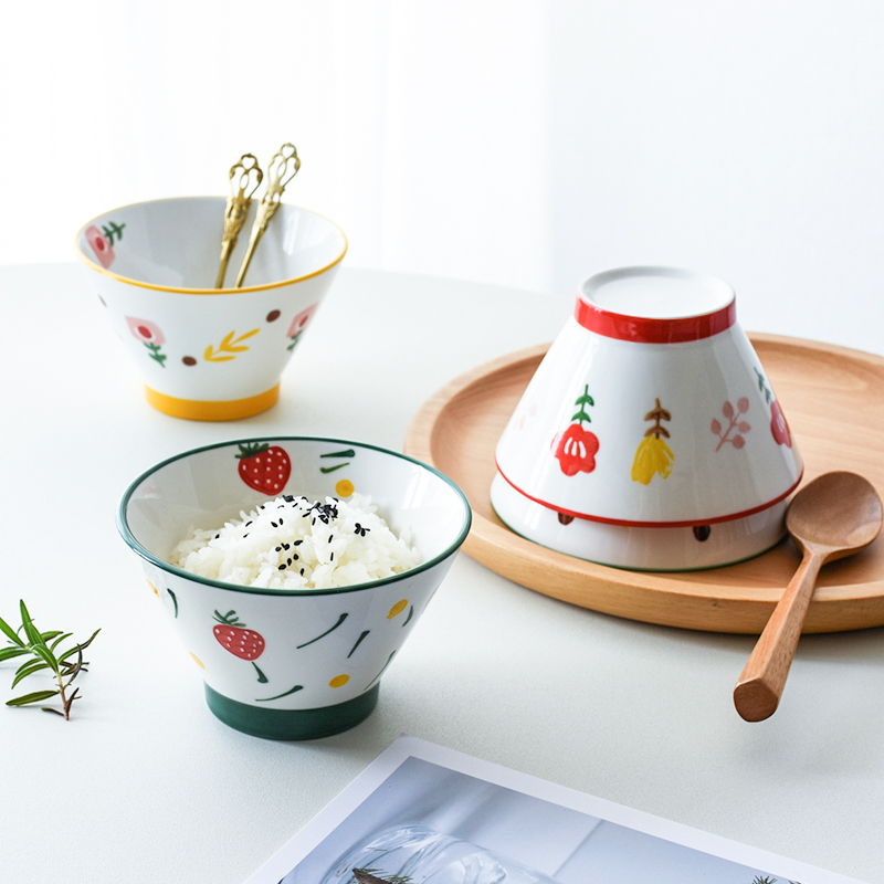 Creative Day Style Personality Hand-painted Ceramic Bowl Microwave High Foot Bucket Hat Bowl Cute Sweet Dessert Snack Bowl Home Rice Bowl