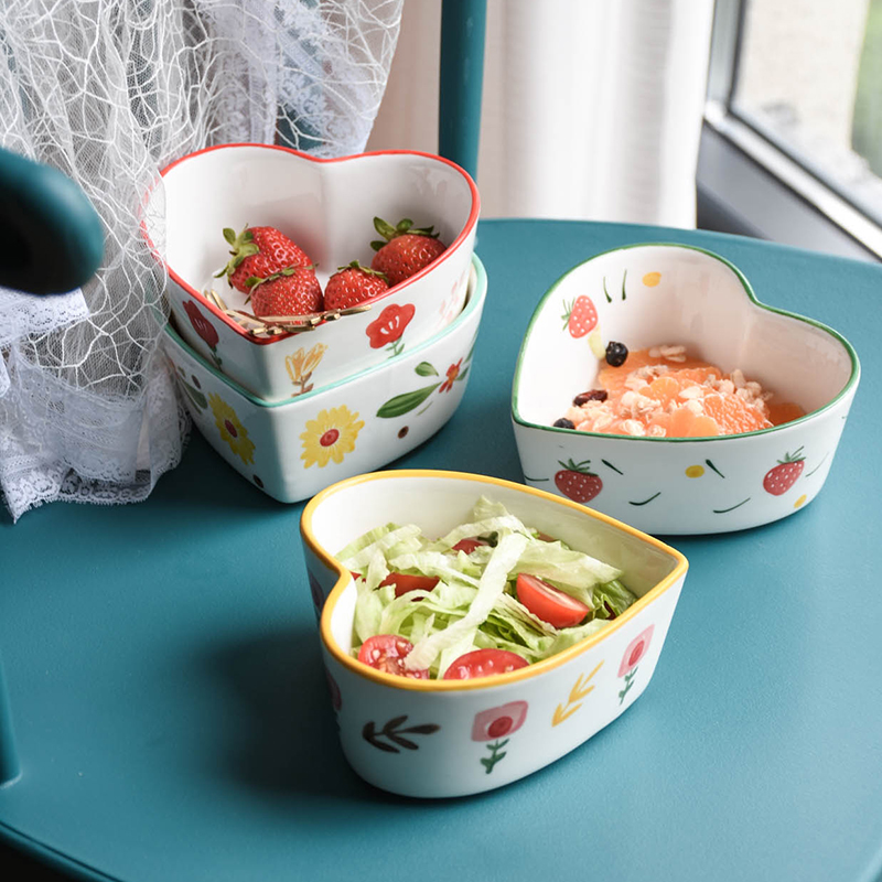 Creative hand-drawn glaze under colourful fruit salad bowl personalized dessert bowl heart shaped cute ceramic household rice bowl