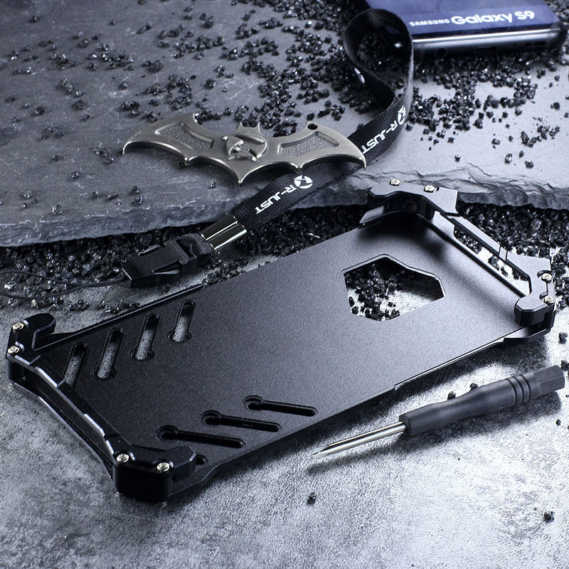 R-Just Batman Shockproof Aluminum Shell Metal Case with Custom Batarang Stent for Samsung Galaxy S9 Plus & Samsung Galaxy S9