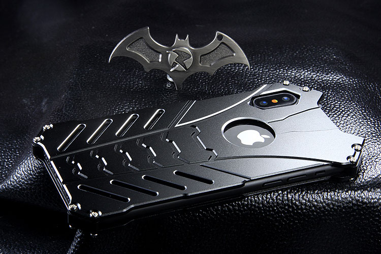 R-Just Batman Shockproof Aluminum Shell Metal Case with Custom Batarang Stent for Apple iPhone X