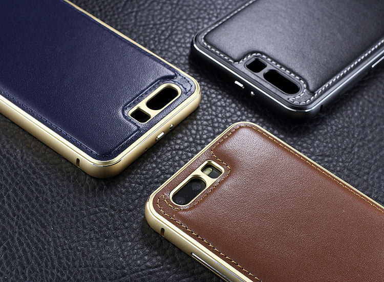 iMatch Luxury Aluminum Metal Bumper Premium Genuine Leather Back Cover Case for Huawei P10 Plus & Huawei P10