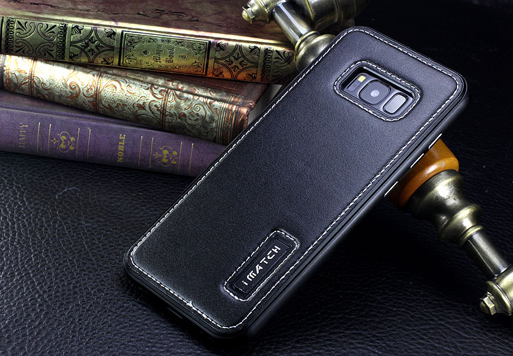 iMatch Luxury Aluminum Metal Bumper Premium Genuine Leather Back Cover Case for Samsung Galaxy S8 Plus/S8