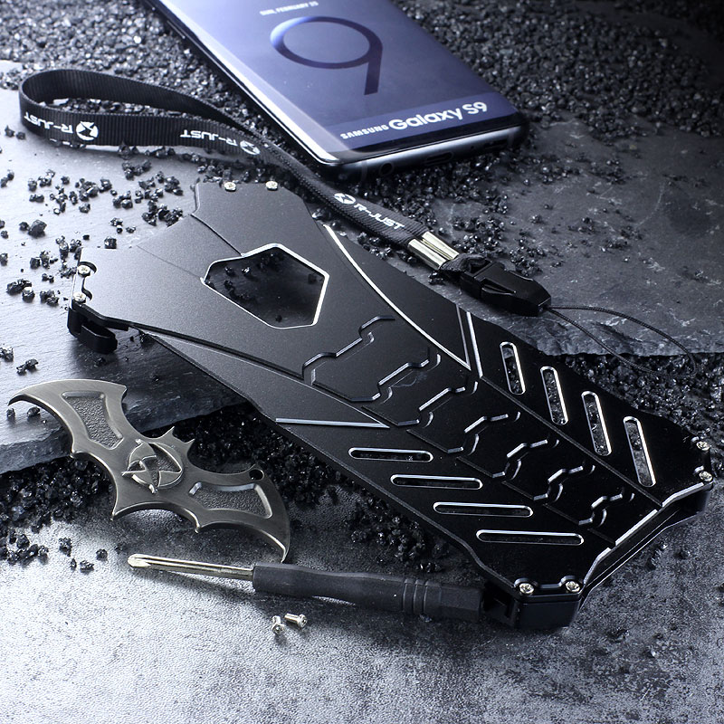 R-Just Batman Shockproof Aluminum Shell Metal Case with Custom Batarang Stent for Samsung Galaxy S9 Plus & Samsung Galaxy S9