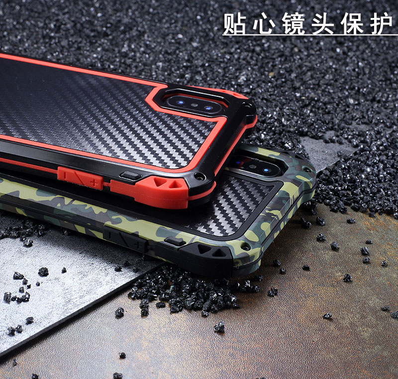 R-Just Amira Heavy Duty Dirtproof Shockproof Rainproof Aluminum Metal Bumper Carbon Fiber Back Cover Case for Apple iPhone X