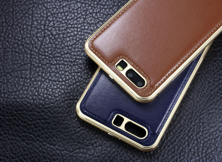 iMatch Luxury Aluminum Metal Bumper Premium Genuine Leather Back Cover Case for Huawei P10 Plus & Huawei P10
