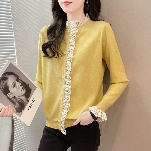 Весенний цветной кружевной лонгслив с круглым воротником, трикотажный свитер, куртка, коллекция 2021