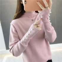 2020 autumn and winter New Korean loose semi-high collar knitted pullover cuffs Pearl long sleeve solid color base shirt sweater