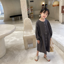 Seven sets of Spring and Autumn New Season childrens clothing girls solid color linen dress childrens long sleeve cotton linen long skirt Literary style
