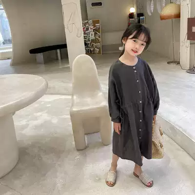 Seven episodes spring and autumn new season children's clothing girls solid color linen dress Children's long-sleeved cotton and linen long skirt literary style