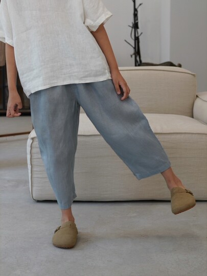 Qiji summer new children's clothing medium and large children's linen casual solid color cropped pants for boys and girls Japanese style parent-child pants