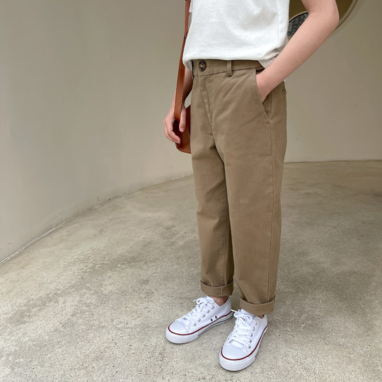 Qiji spring, summer and autumn new children's clothing medium and large children's pure cotton casual trousers for boys and girls pure cotton Japanese trousers solid color