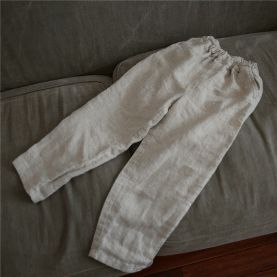 Qiji spring and autumn new children's clothing children's linen casual trousers boys and girls artistic style trousers solid color parent-child