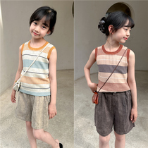 Summer new arrival childrens clothing medium and large childrens striped knitted vest baby girl Japanese casual sleeveless top pure cotton