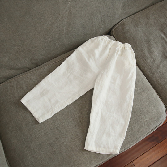 Qiji Original Summer New Product Medium and Large Children's White Cropped Pants Boys and Girls Linen Casual Pants Literary Style