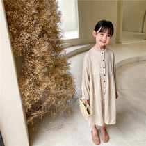 Seven sets of spring and autumn new childrens clothing Childrens linen solid color long sleeve dress girls Korean cotton and hemp skirt Middle and large children