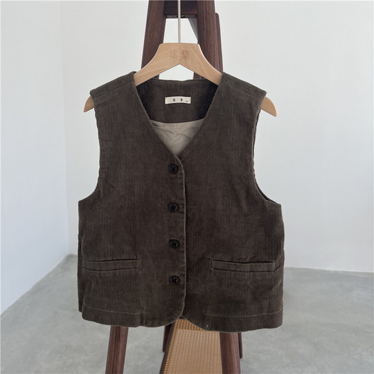Qiji spring and autumn new children's clothing medium and large children's pure cotton casual threaded vests for boys and girls Japanese corduroy tops