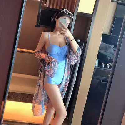 Net red with small chest steel support gathered blue purple Super fairy thin belly one-piece swimsuit shirt seaside holiday