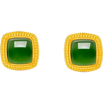 Saturday Lucky Gold Inlaid Jade Earrings for Women Gold Circle Jasper and Hetian Jade Geometric Square Jade Earrings and Ear Hooks for Mom