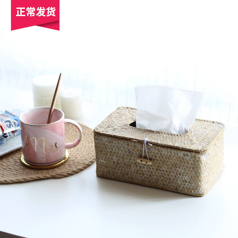 (Mountain Trees) Natural eco-friendly handmade grass woven short paper towels box extraction style home paper towel box Sundries Containing box