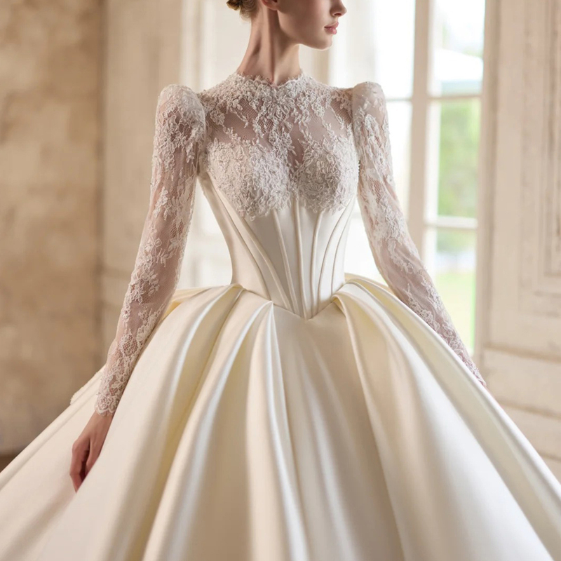 French Court-Style Wedding Dress 2026 New Model, Simple, Light Luxury, High-End Lace Long-Sleeve Reception Gown with Satin Train