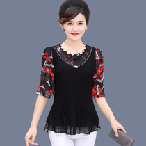 Mom summer dress foreign coat mid-sleeve shirt middle-aged womens clothes Mothers Day middle-aged chiffon shirt T-shirt