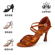 LDWDC womens satin professional Latin dance shoes professional competition grade soft sole mid-heel dance shoes practice shoes