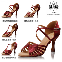 LDAE Latin dance shoes wine red-coloured satin women adult professional competition Dancing Shoes Medium-high Heel Soft Underdance Shoes
