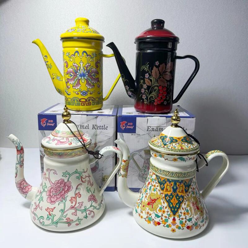 Xinjiang Ethnic Style Enamel Milk Tea Pot, Kettle, Oil Pot, Vinegar Pot, Coffee Pot, Tea Brewing Kettle, Cold Water Pot, Enamel Flower Tea Pot