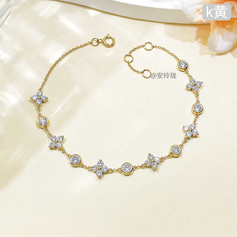 18K Gold Lab-Grown Diamond Bubble Spacer Four-Leaf Clover Star Cross Flower Bracelet Versatile Super Shiny in Stock