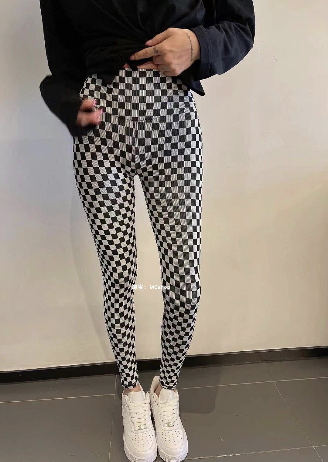 Checkerboard pants women's 2022 Korean spring and autumn show thin, tall legs, long black and white lattice pants, high elastic yoga pants