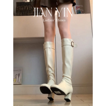 White High-Heeled Long Boots for Women, 2025 Autumn New Style, Round Toe, Below-The-Knee, Slim Boots, Fashionable and Versatile Long Riding Boots
