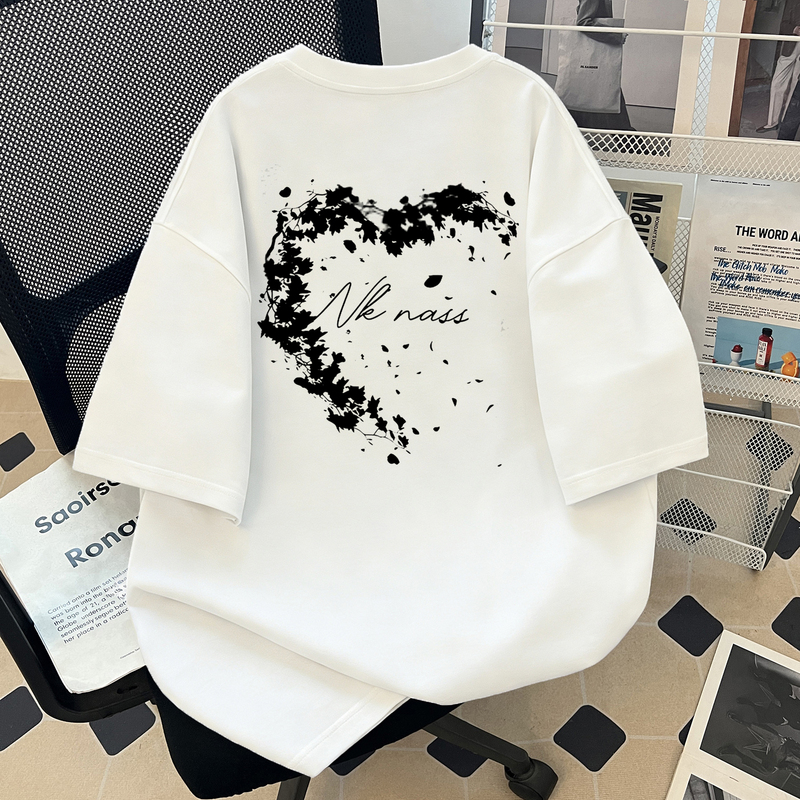 Heavyweight Pure Cotton Heart Letter Print Short-Sleeve T-Shirt for Men and Women, Teenagers, Loose, Trendy, Versatile Top, Half-Sleeve Fashion
