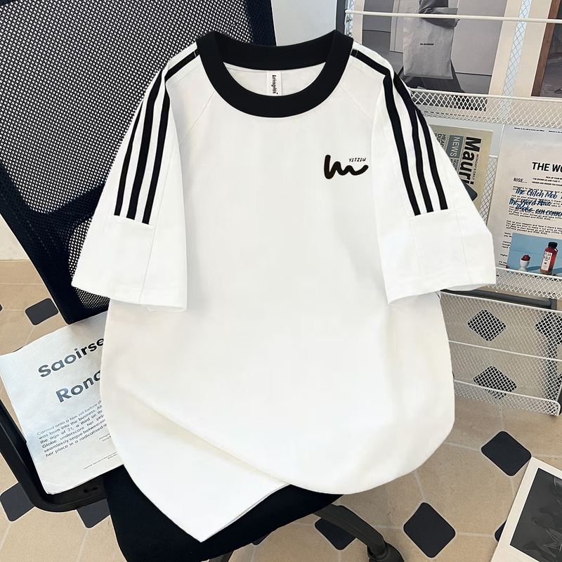 American Sports Style Three-Stripe Short-Sleeved T-Shirt for Men and Women, Loose Oversize Pure Cotton Heavyweight Couple's Half-Sleeve Shirt