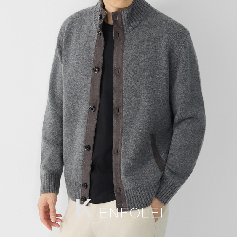 100% [Cashmere + Wool] Autumn Light Luxury Stand Collar Old Money Style Men's Sweater Jacket Simple Knitted Cardigan