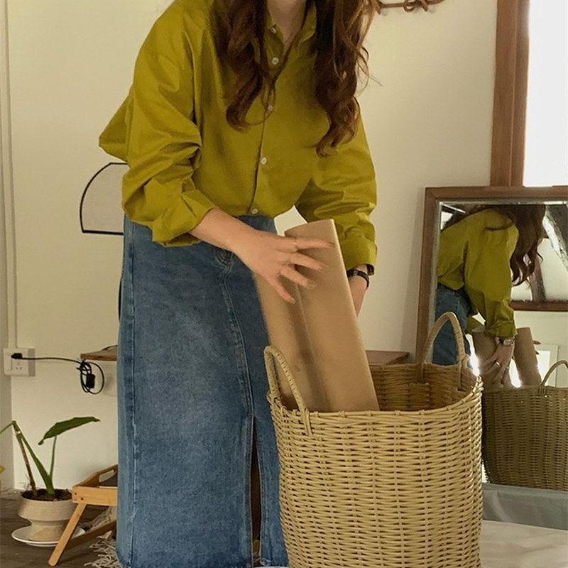Super Bright White, Mature Style Mustard Yellow Shirt for Women, New Spring and Autumn Loose Fit, Layered Look, Korean Chic Niche Shirt Super Bright White, Mature Style Mustard Yellow Shirt for Women, New Spring and Autumn Loose Fit, Layered Look, Korean Chic Niche Shirt