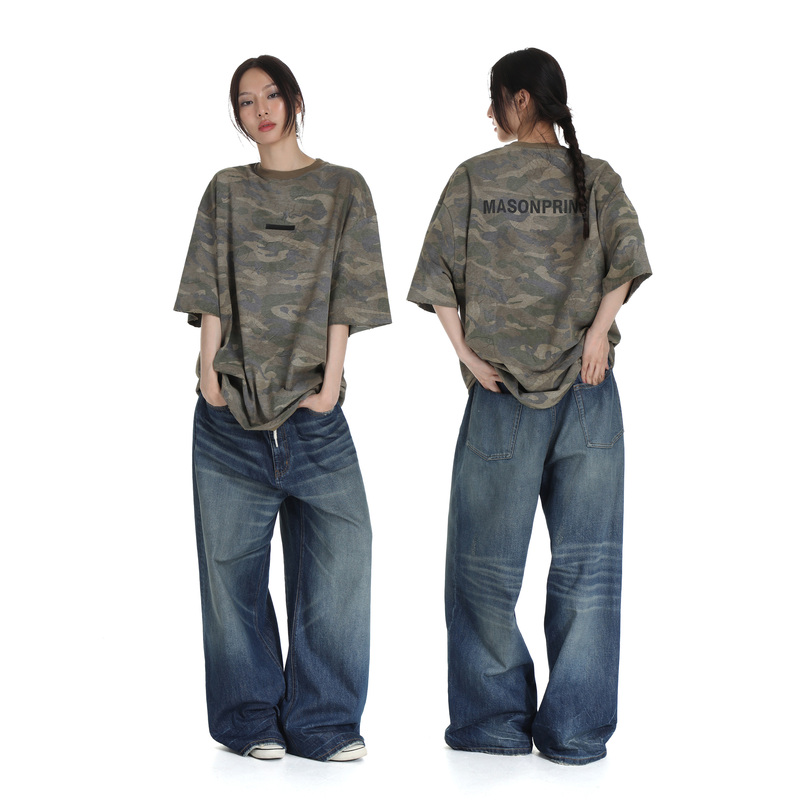 Masonprince Summer New Style Positioning Silicone Y2K Faded Camouflage Effective Washable Loose Short-Sleeved T-Shirt